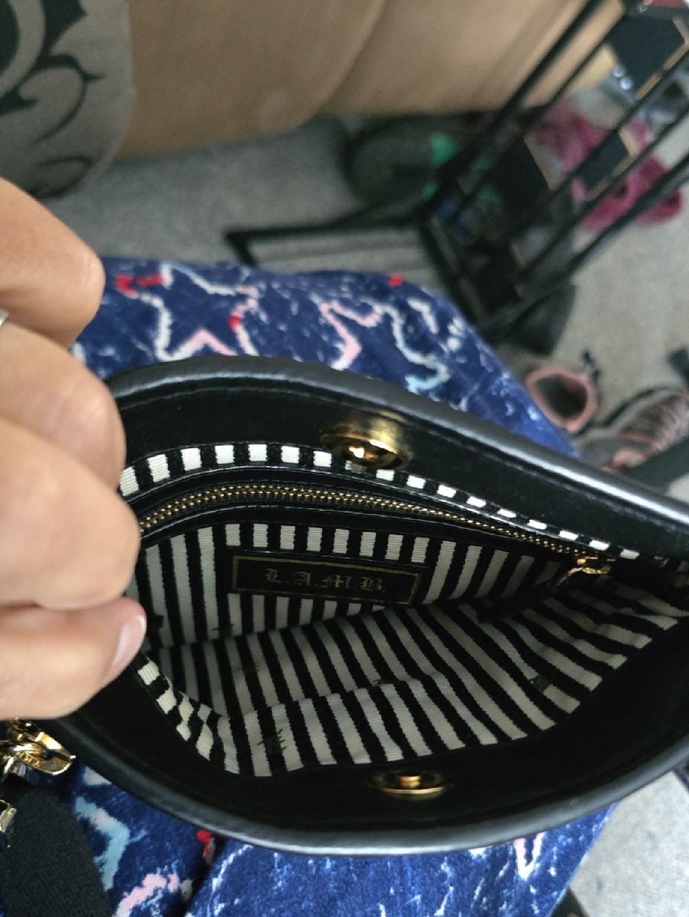 L.A.M.B. Black and Cream Vertical-Stripe Crossbody with Gold Plaque - Picture 4 of 4